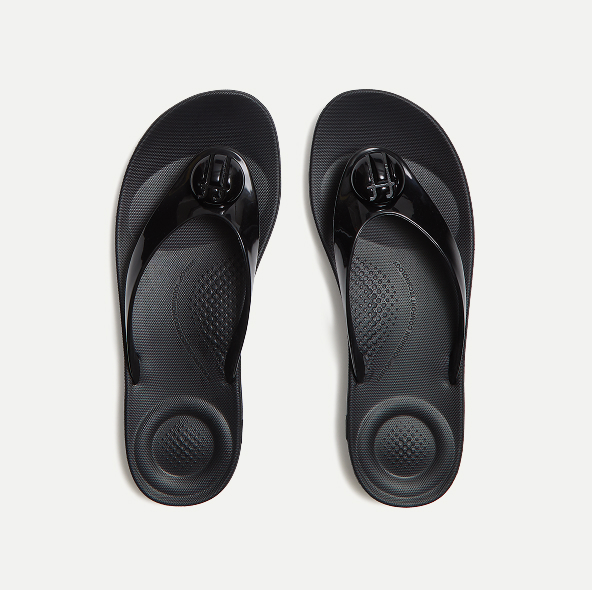 IQUSHION Glossy-Button Flip-Flops Black