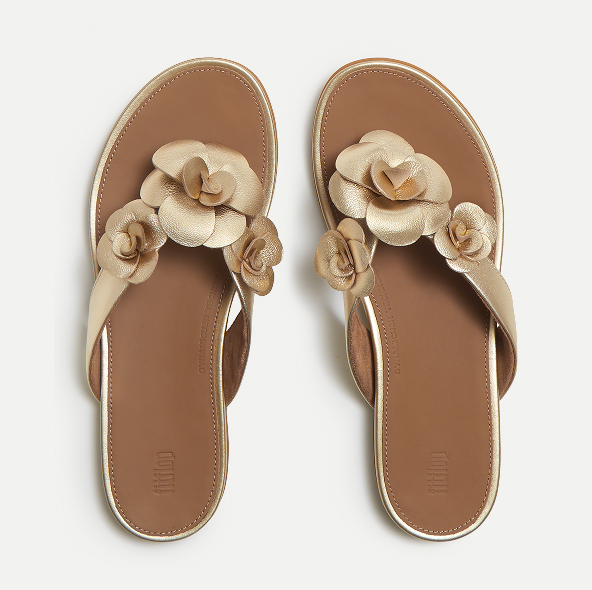 GRACIE Flower Metallic-Leather Flip-Flops Platino