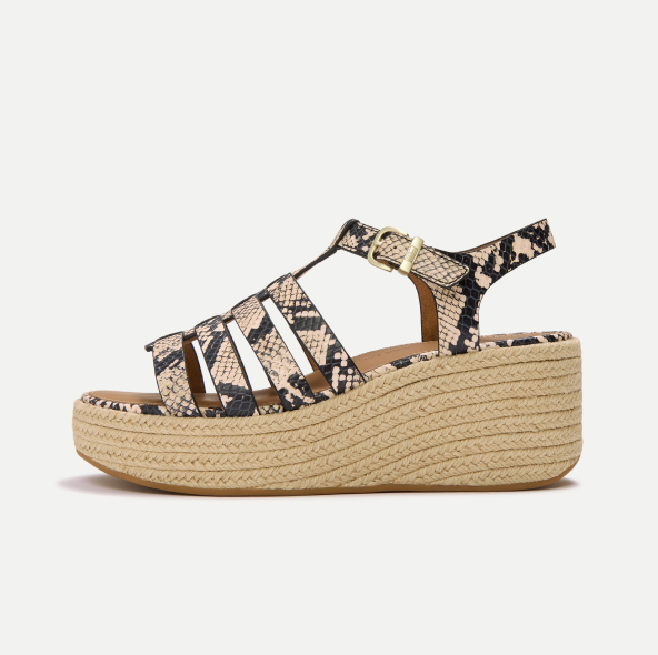 PLATFFORMS Leather Espadrille Wedge Sandals - Taupe Snake