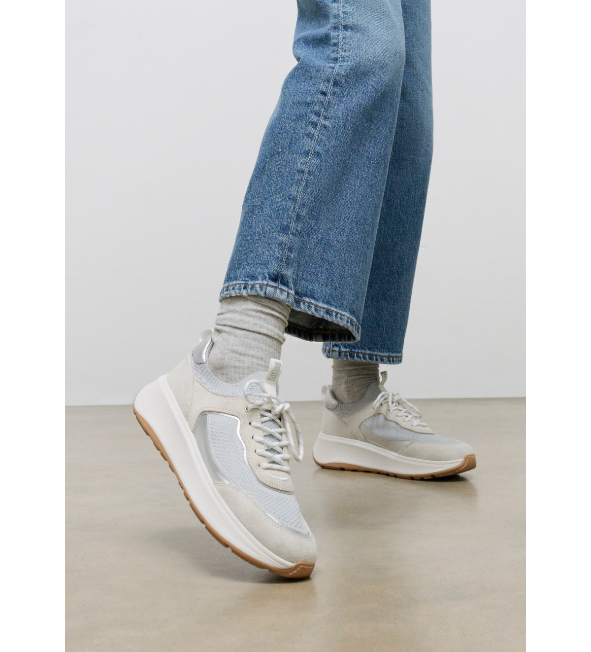 F-MODE Knit/Suede Flatform Pull-On Sneakers White/Grey Image