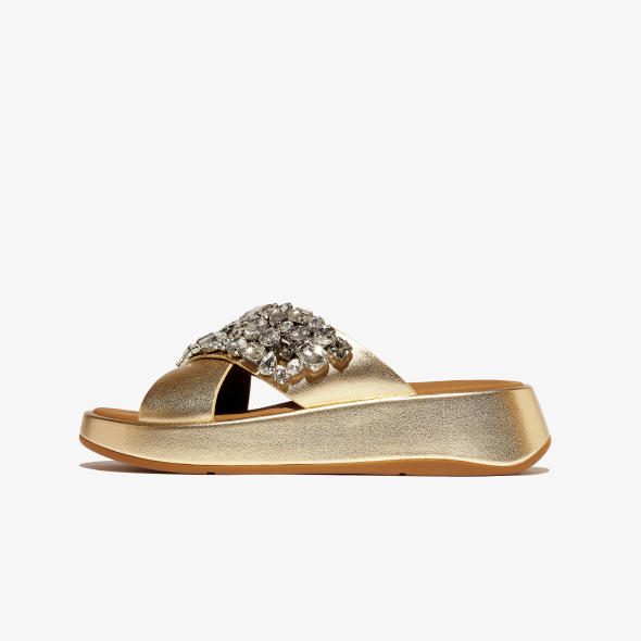 F-MODE Jewel-Deluxe Metallic-Leather Flatform Cross Slides Image