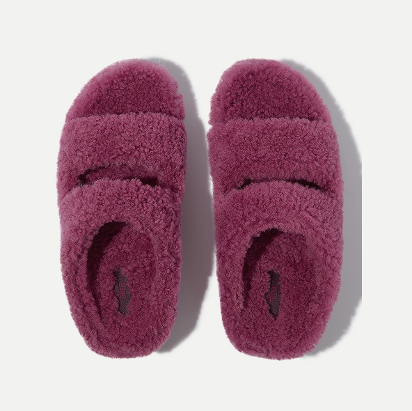 SHUV Curly-Shearling Two-Bar Slides Ruby
