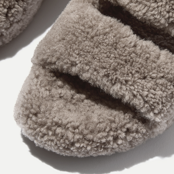 SHUV Curly-Shearling Two-Bar Slides Taupe