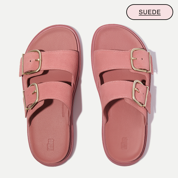 GEN-FF Buckle Metallic Tumbled-Leather Two-Bar Slides Rose