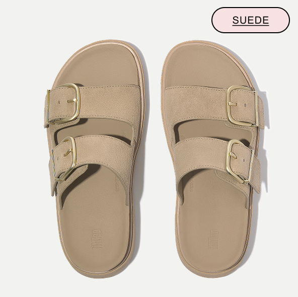 GEN-FF Buckle Two-Bar Suede Slides Cappucicno