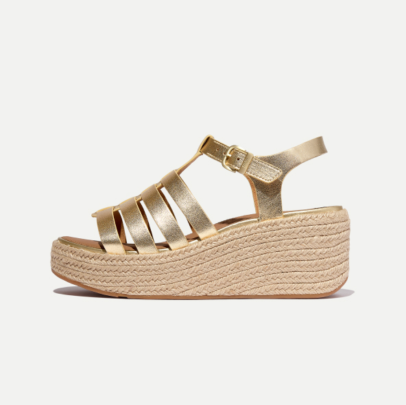 PLATFFORMS Espadrille Metallic-Leather Fisherman Wedge Sandals Platino