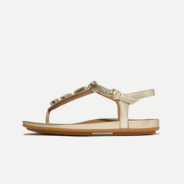 GRACIE Ultra-Jewel Metallic-Leather T-Bar Sandals Platino