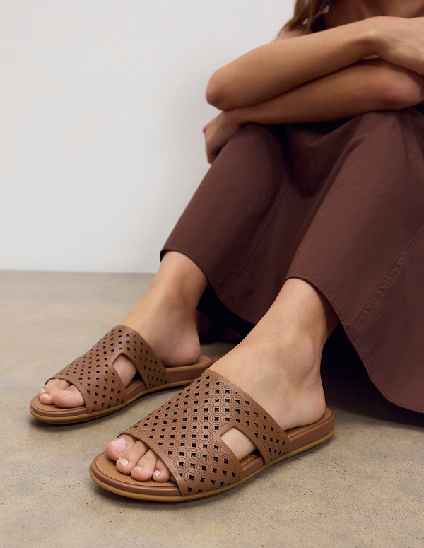 GRACIE Perf-Leather H-Bar Slides - Deep Tan