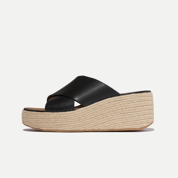 PLATFFORMS Espadrille Leather Wedge Cross Slides Black