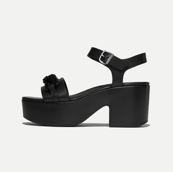 PLATFFORMS Beaded-Chain Leather Heeled Ankle-Strap Sandals Black Image