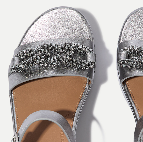 PLATFFORMS Beaded-Chain Leather Heeled Ankle-Strap Sandals Silver Image