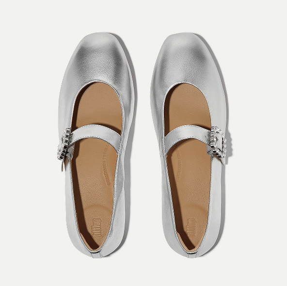 DELICATO Crystal-Buckle Metallic-Leather Mary Janes Silver Image