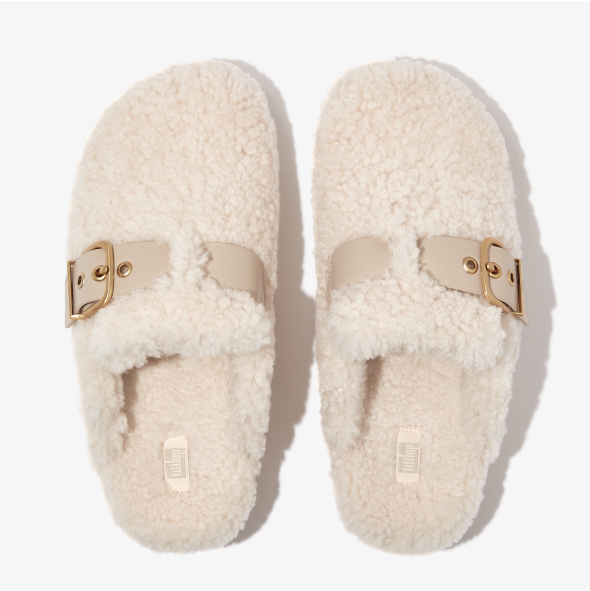 Gen-FF Buckle Curly-Shearling/Leather Mules Stone Beige Image