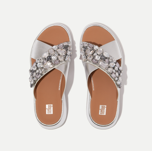 F-MODE Jewel-Deluxe Metallic-Leather Flatform Cross Slides Image