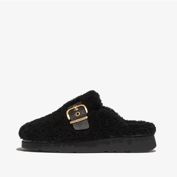 Gen-FF Buckle Curly-Shearling/Leather Mules Black Image