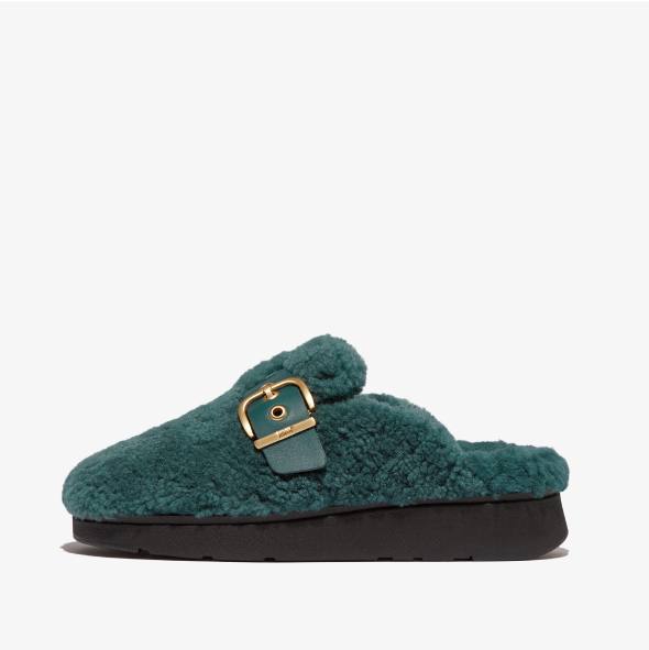 Gen-FF Buckle Curly-Shearling/Leather Mules Deep Teal Image