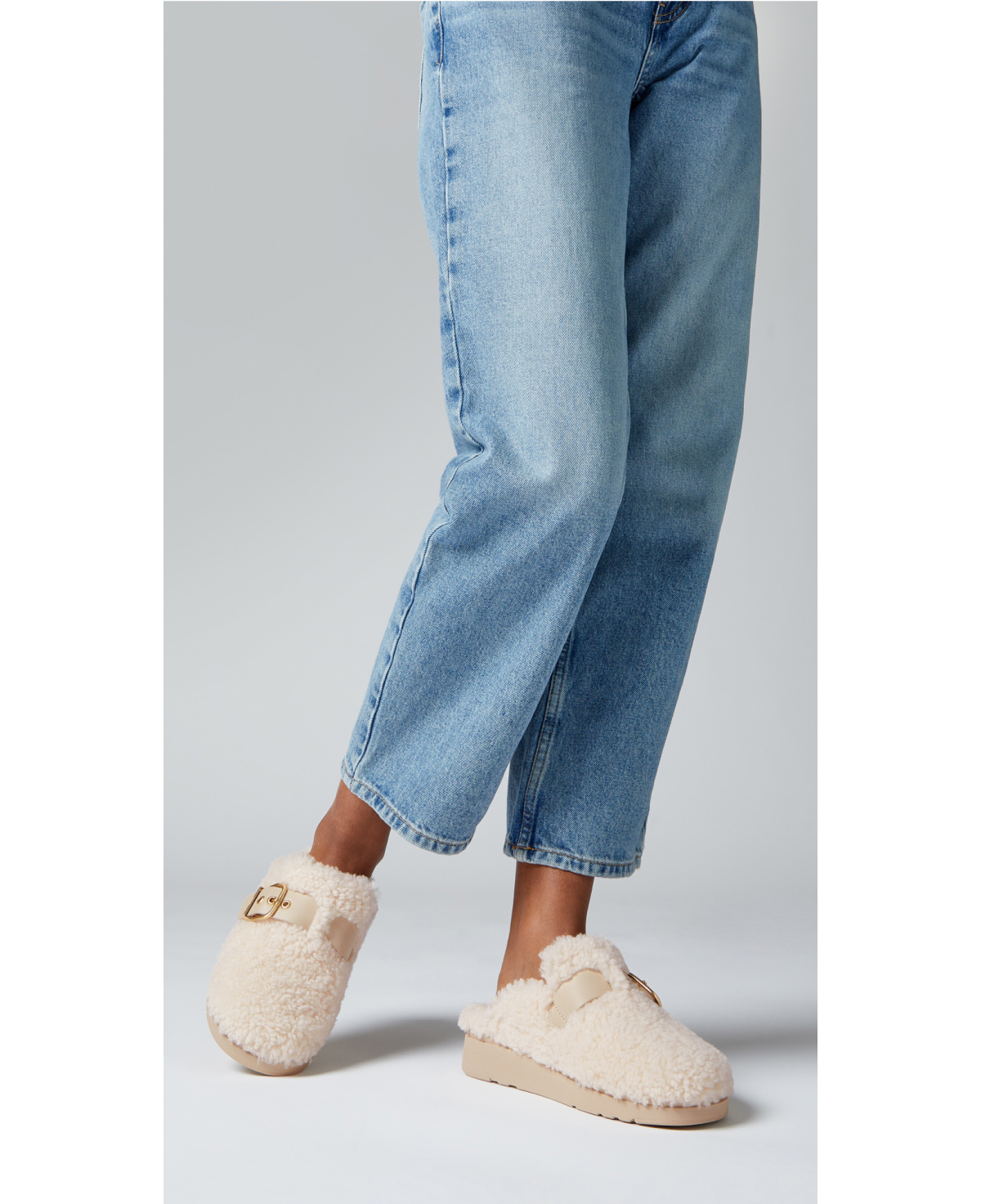 Gen-FF Buckle Curly-Shearling/Leather Mules Stone Beige Image