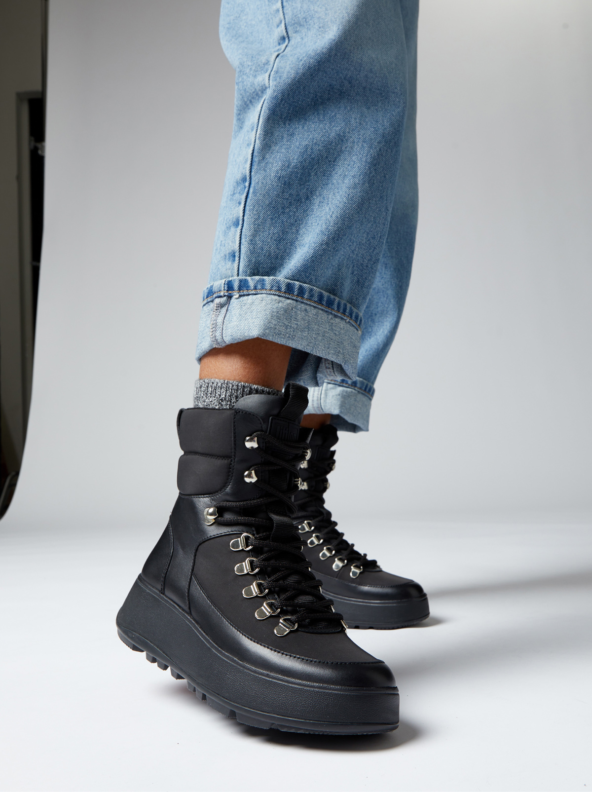 F-Mode Water-Resistant Leather/Mesh Hiker-Lace Flatform Ankle Boots Image