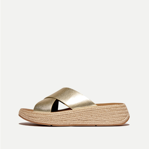 F-MODE Espadrille Metallic-Leather Flatform Cross Slides