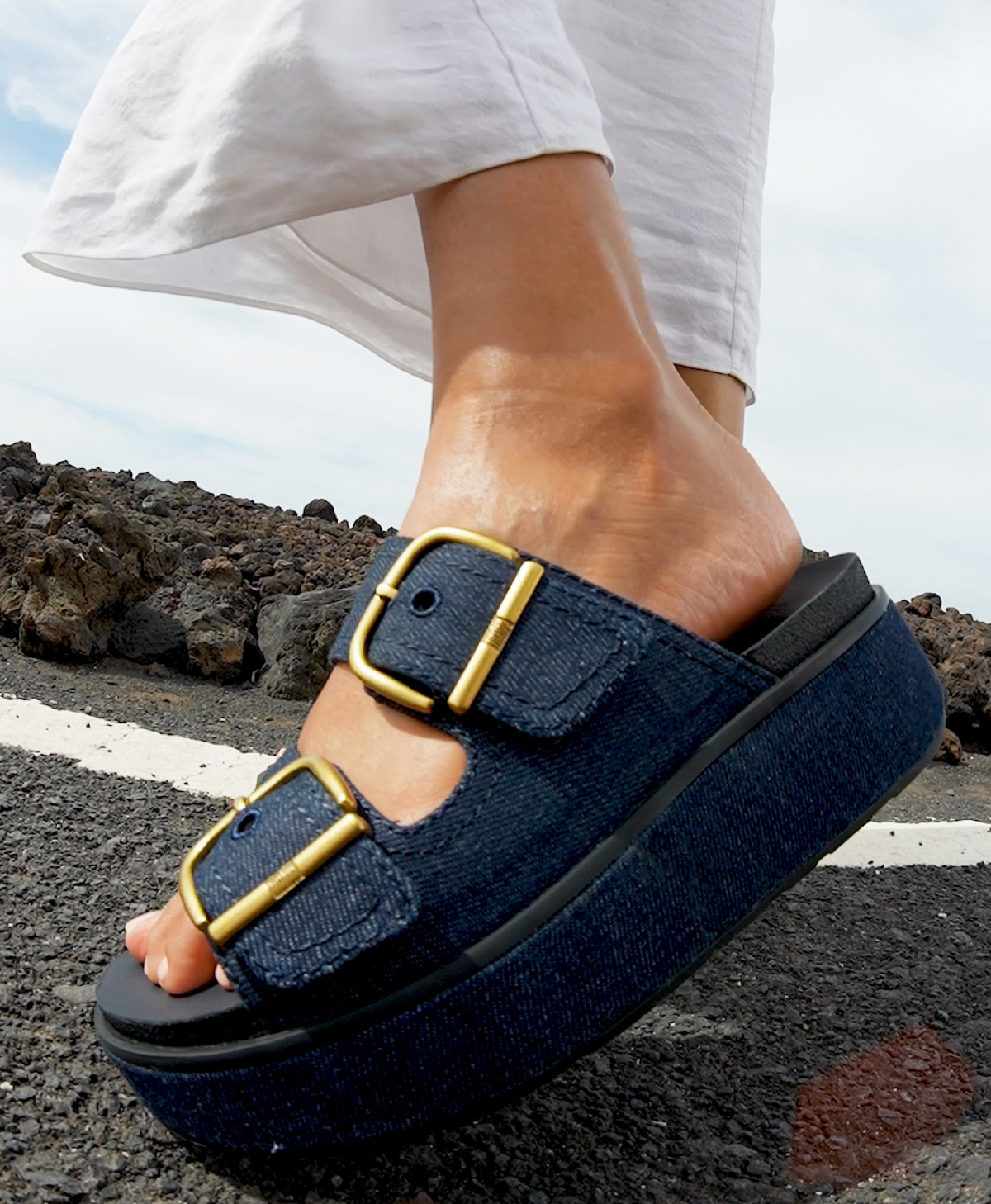 GEN-FF Max Buckle Two-Bar Denim Slides