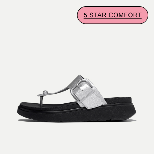 GEN-FF Buckle Metallic Tumbled-Leather Toe-Post Sandals - Silver
