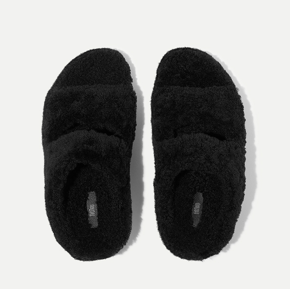 SHUV Curly-Shearling Two-Bar Slides Black Image