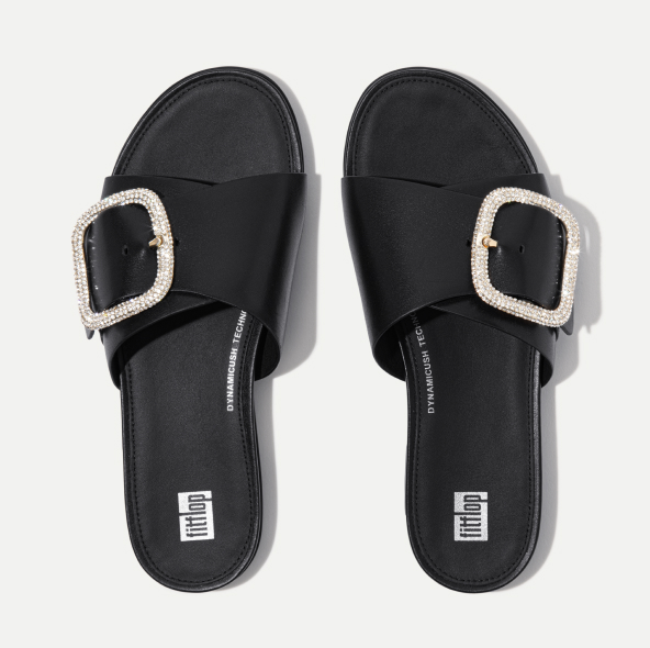 Shop BCrystal Maxi-Buckle Metallic-Leather Slides Black Image