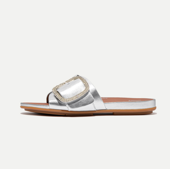Crystal Maxi-Buckle Metallic-Leather Slides Silver Image