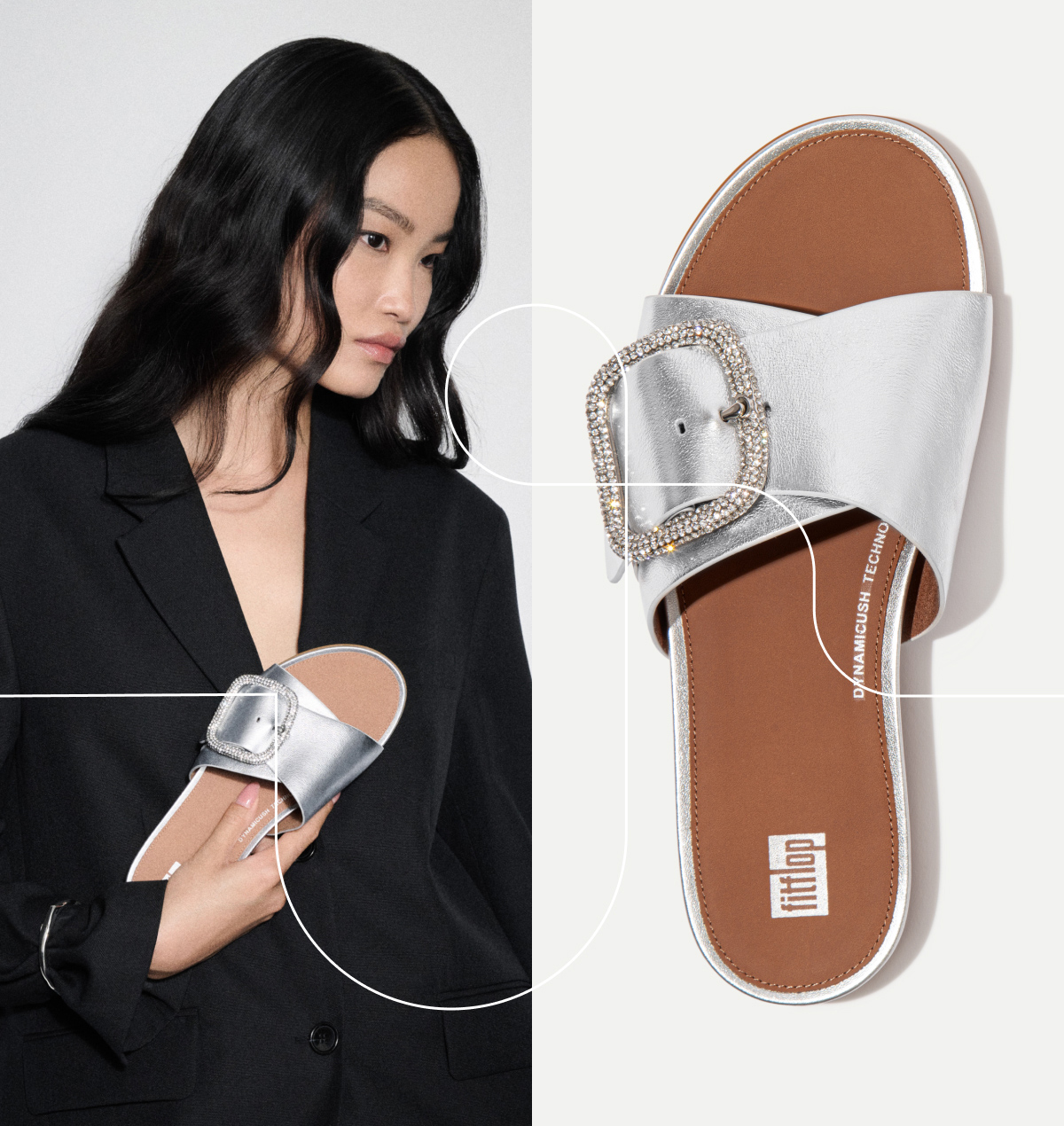 Gracie Crystal Maxi-Buckle Metallic-Leather Slides Model Image