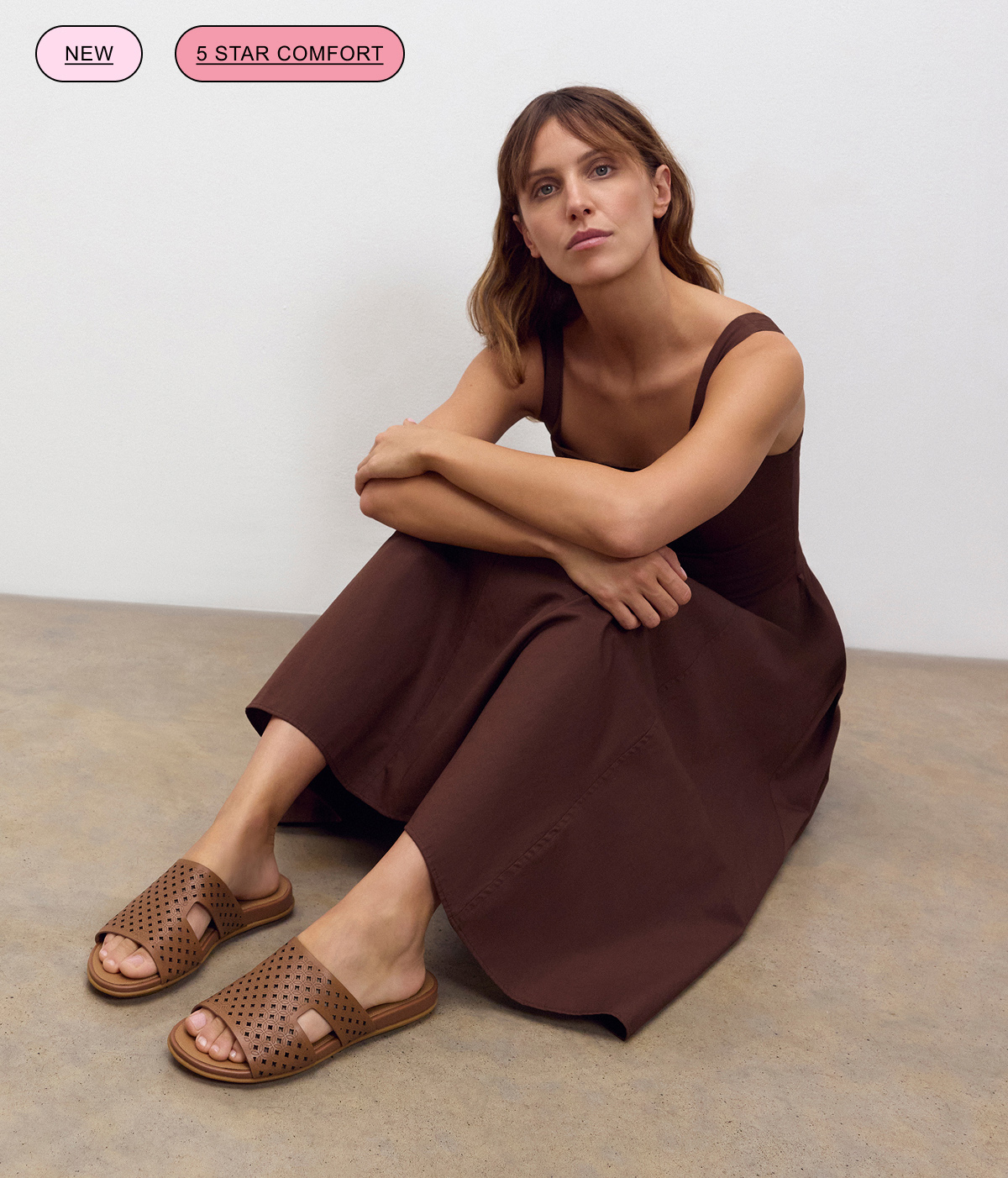 GRACIE Perf-Leather H-Bar Slides Tan