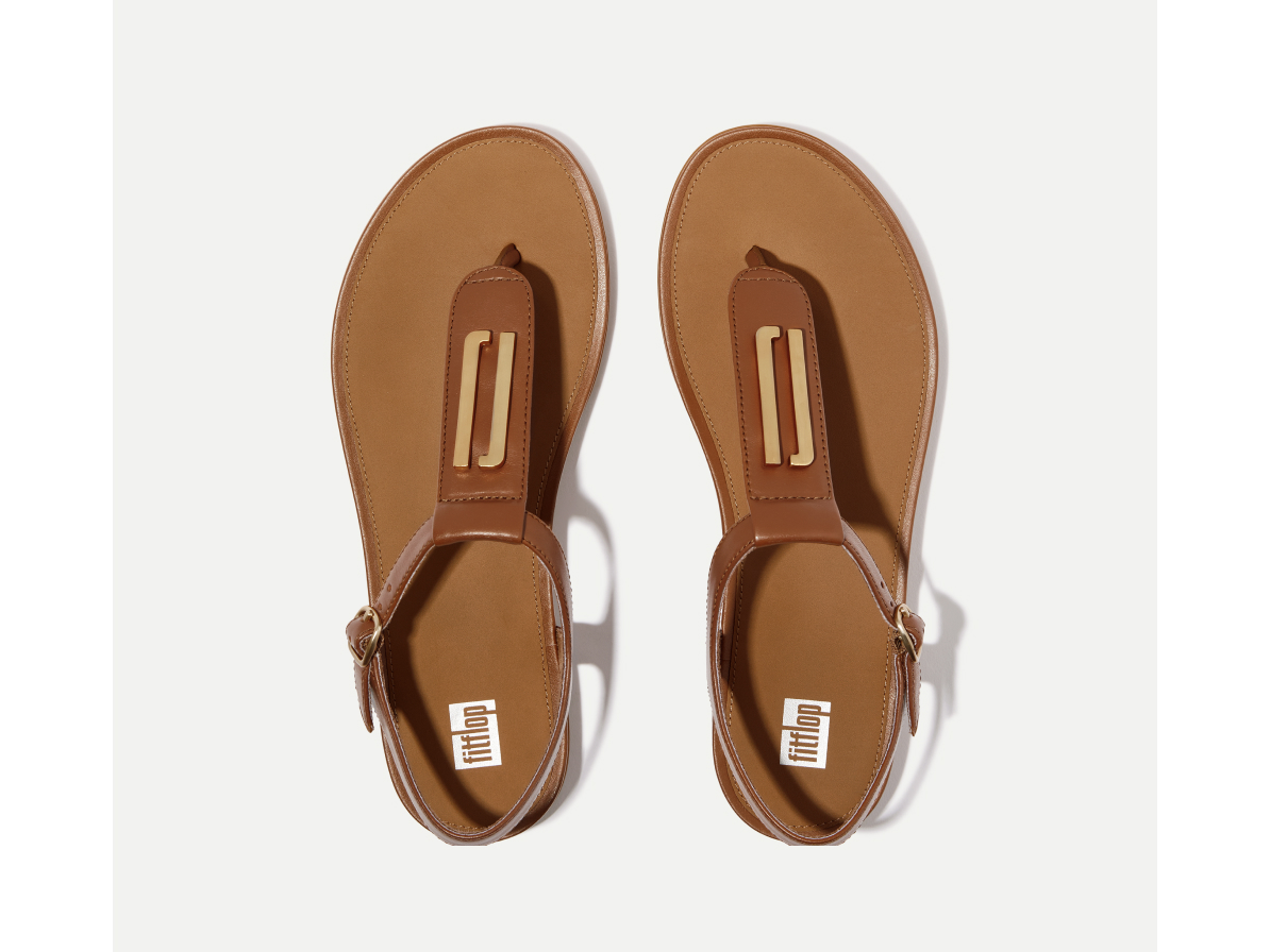 GRACIE Gold-Trim Leather T-Bar Sandals Image