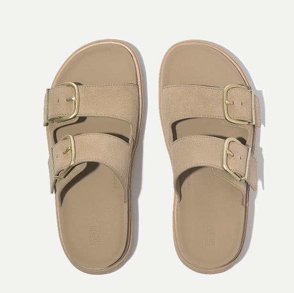 GEN-FF Buckle Two-Bar Suede Slides Cappucchino
