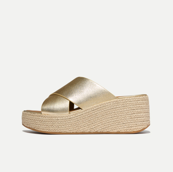 PLATFFORMS Espadrille Suede Wedge Cross Slides Platino