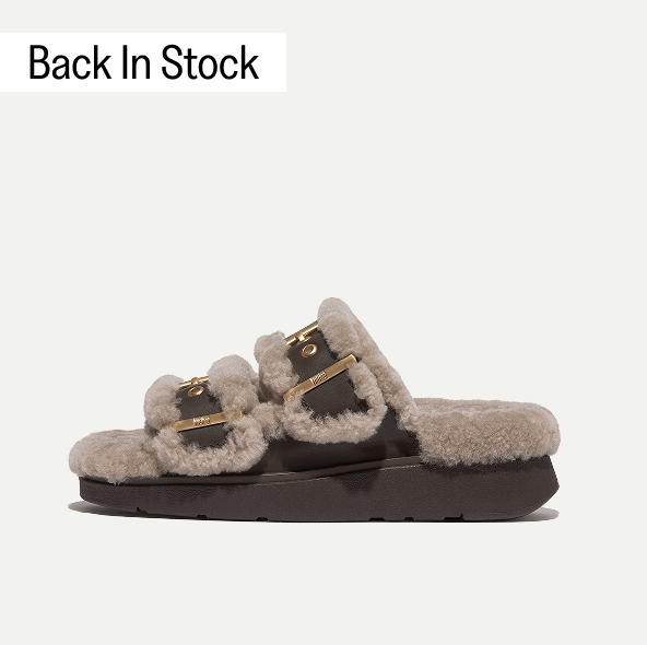 GEN-FF Buckle Two-Bar Curly-Shearling/Leather Slides Brown Image