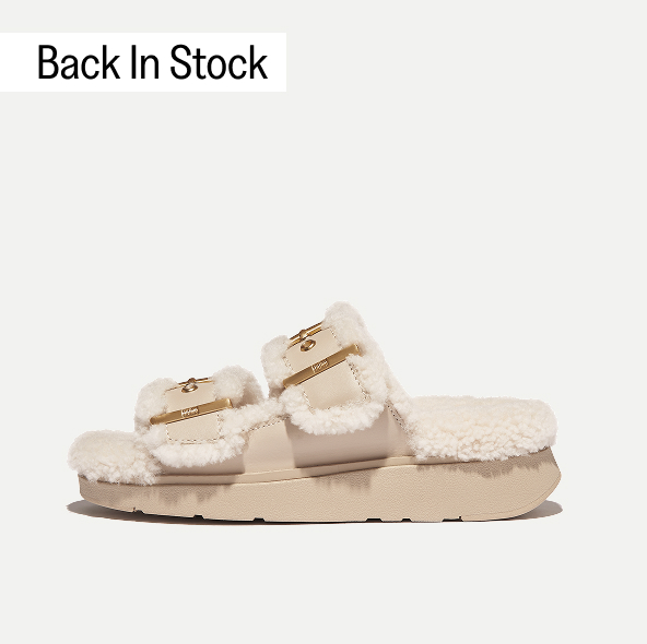 GEN-FF Buckle Two-Bar Curly-Shearling/Leather Slides Stone Beige Image