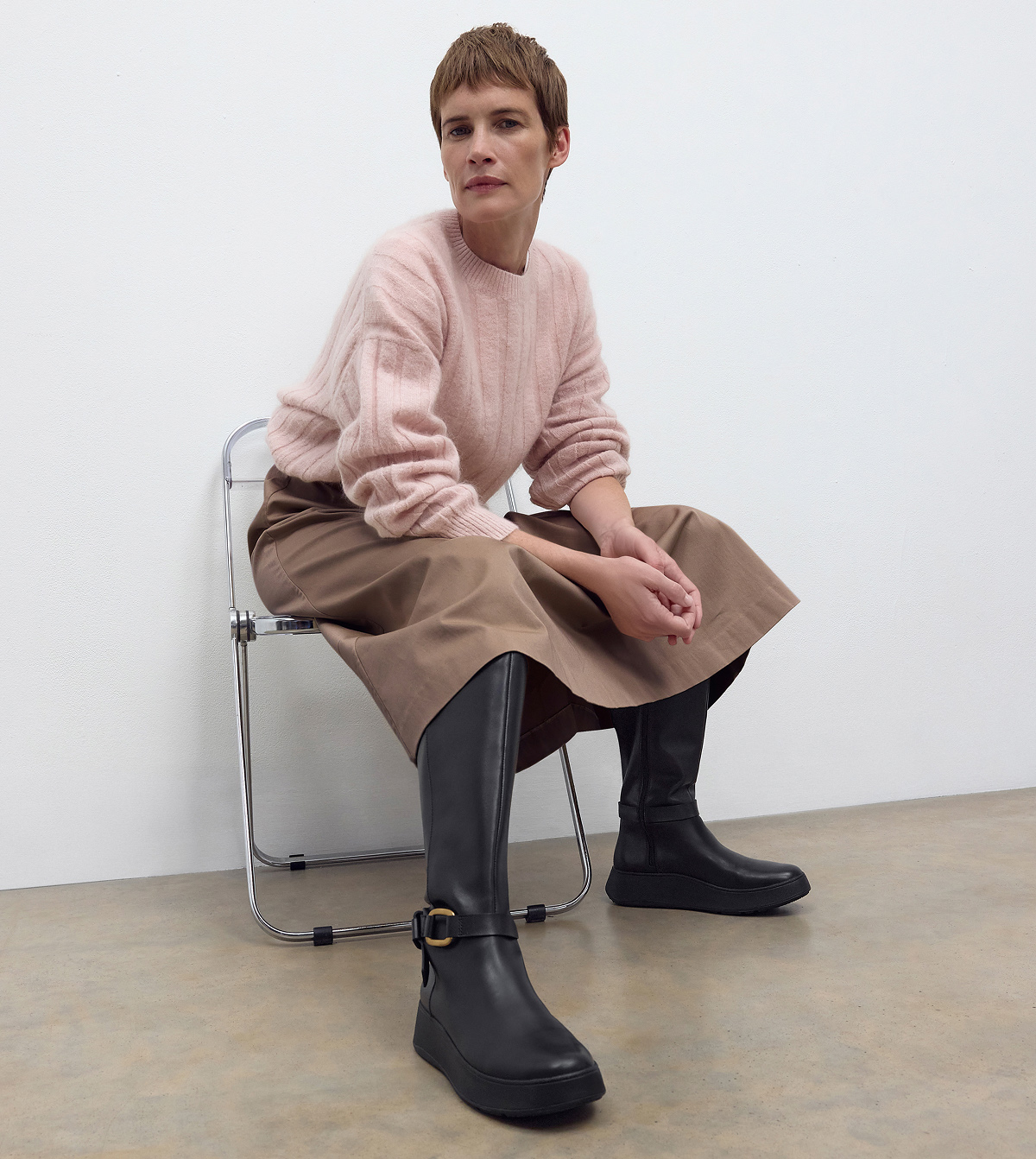 F-MODE Square-Ring Leather Tall Boots Black Image