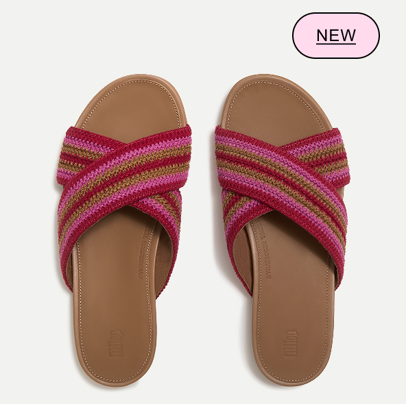 GRACIE Stripe-Webbing Cross Slides Fuchsia Rose