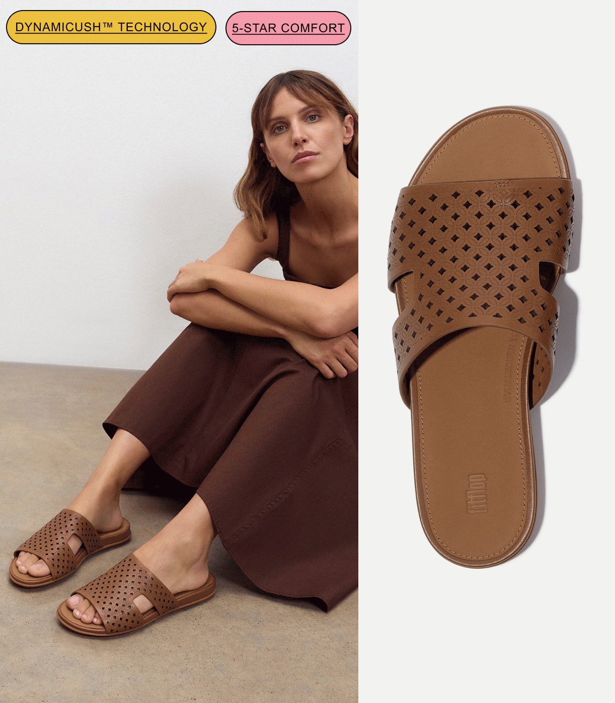 GRACIE Perf-Leather H-Bar Slides Deep Tan