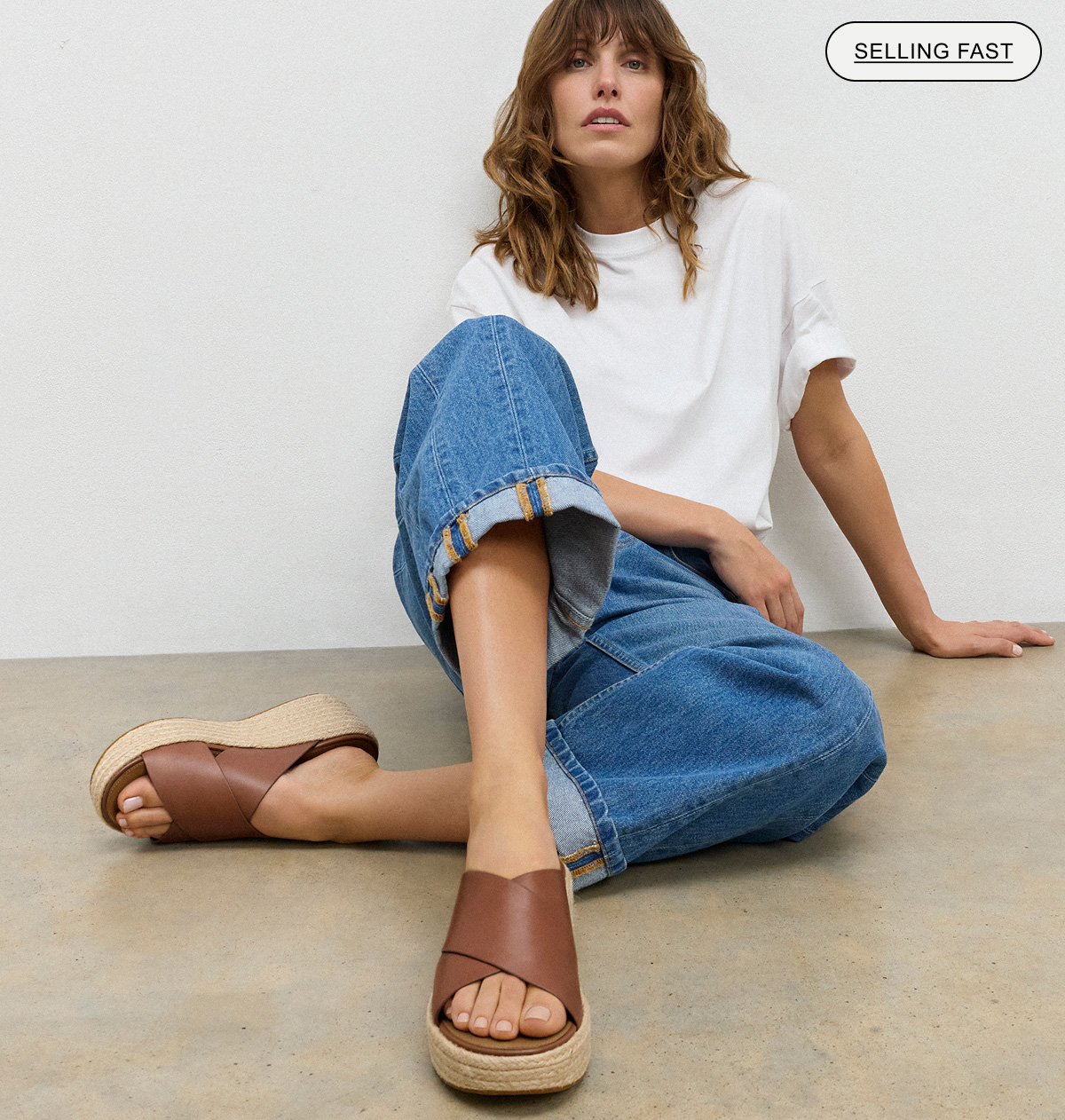 PLATFFORMS Espadrille Leather Wedge Cross Slides Tan