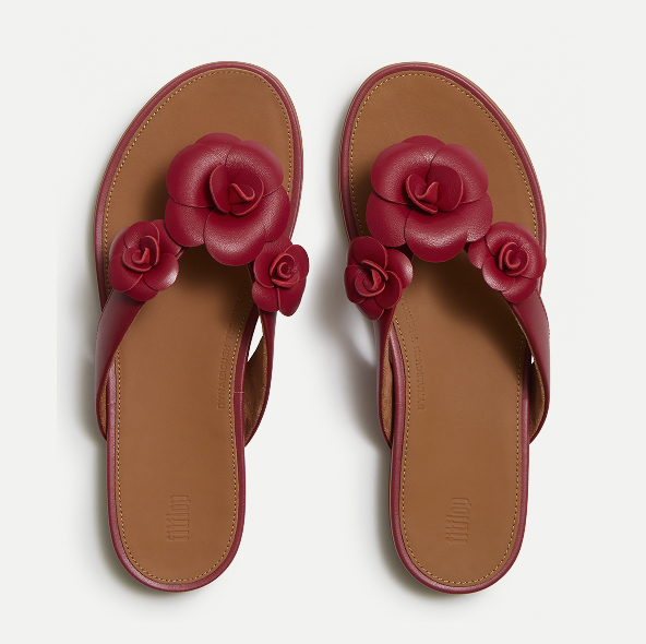 GRACIE Flower Leather Flip-Flops Berry