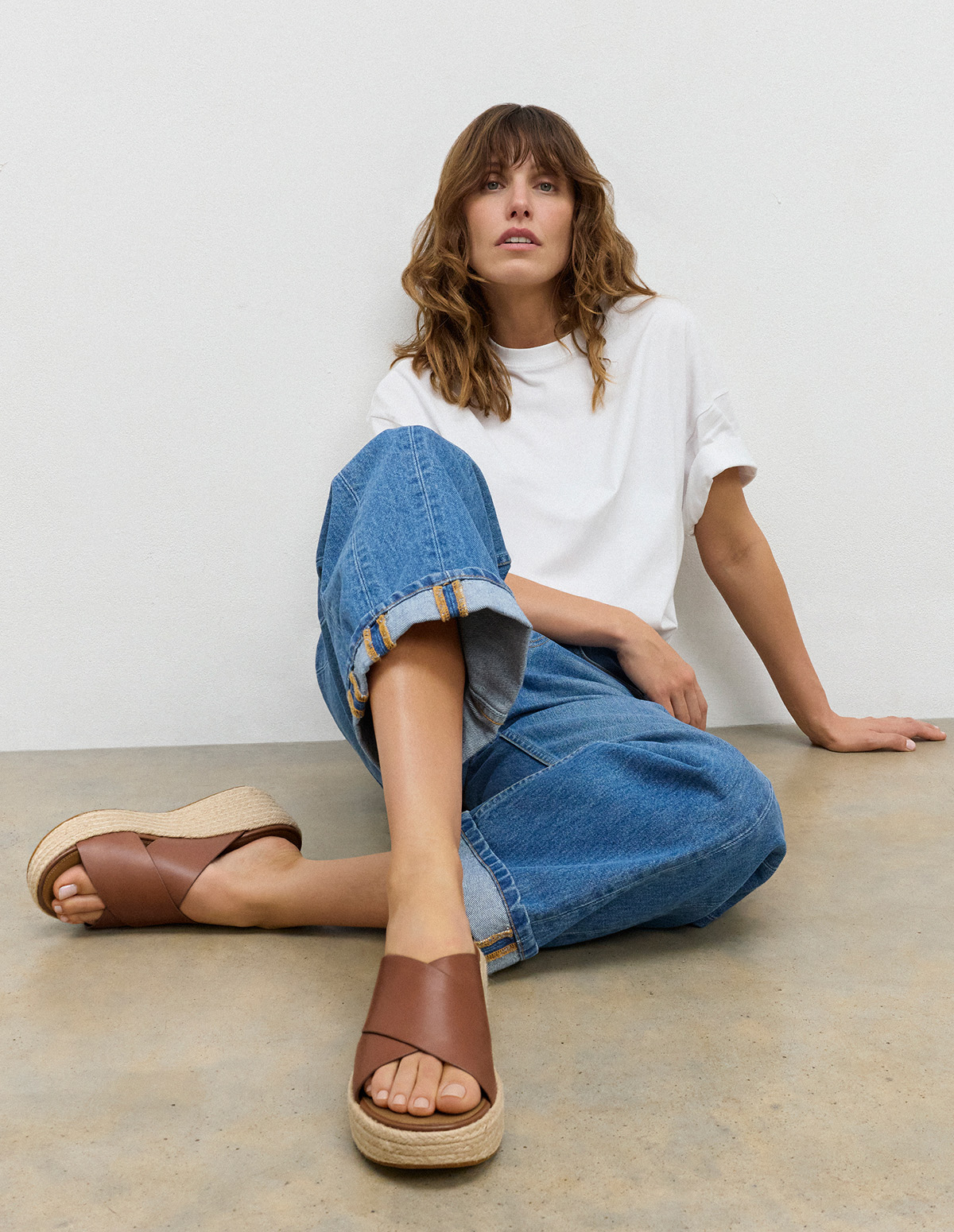 PLATFFORMS Espadrille Leather Wedge Cross Slides Deep Tan