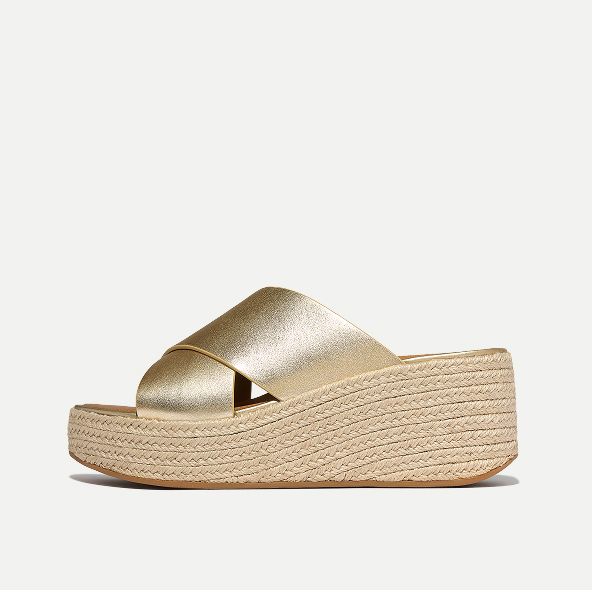 PLATFFORMS Espadrille Leather Wedge Cross Slides Platino
