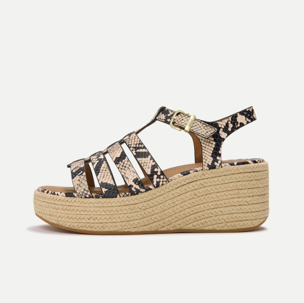 PLATFFORMS Leather Espadrille Wedge Sandals - Taupe Snake