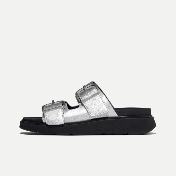 GEN-FF Buckle Metallic Tumbled-Leather Two-Bar Slides