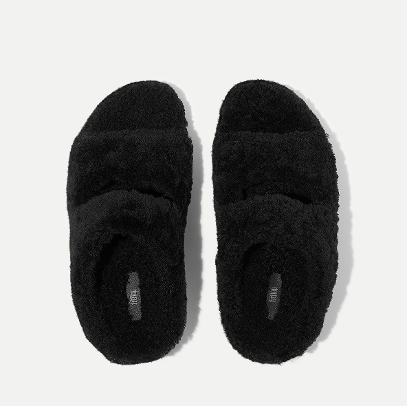 SHUV Curly-Shearling Two-Bar Slides Black