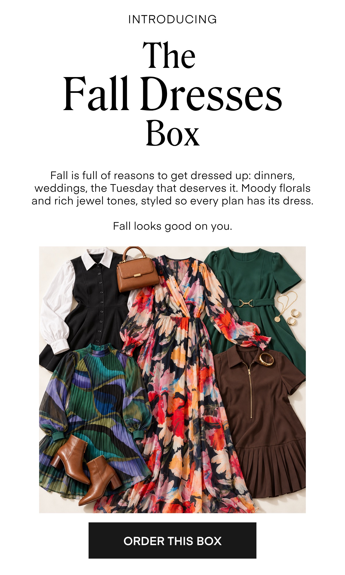 INTRODUCING The Fall Dresses Box Fall is full of reasons to get dressed up: dinners, weddings, the Tuesday that deserves it. Moody florals and rich jewel tones, styled so every plan has its dress. Fall looks good on you. ORDER THIS BOX
