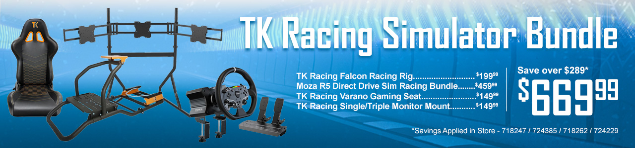 Racing Simulator Holiday Bundle EL2 TK Racing Falcon Rig, Single Triple Monitor Mount, Varano Gaming Seat, Moza Direct Drive, Racing Wheel, and Pedals - Shop Now