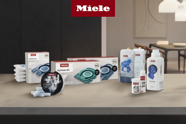 A variety of Miele cleaning products on countertop