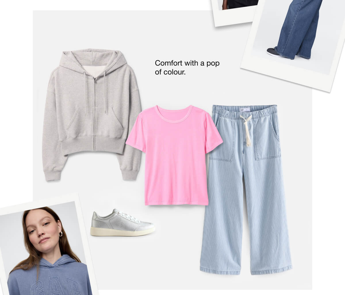 Gap Women outfitting styles: Pint tee, grey hoodie and baggy jeans