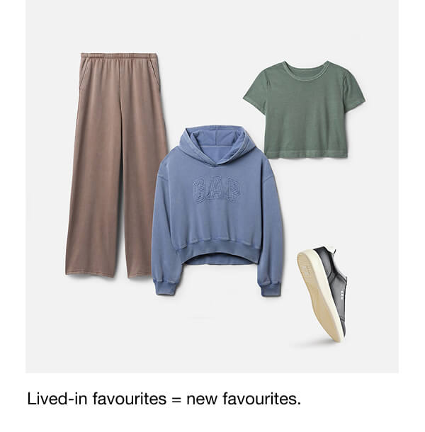 Gap Women outfitting styles: Blue logo hoodie, brown wide leg jogger and crop tee